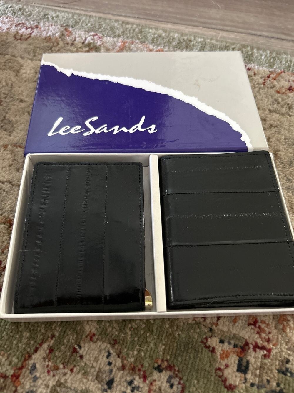 Vtg Lee Sands Men's Black Eel Skin Wallet & Money Clip 2pc Accessory Set NIB